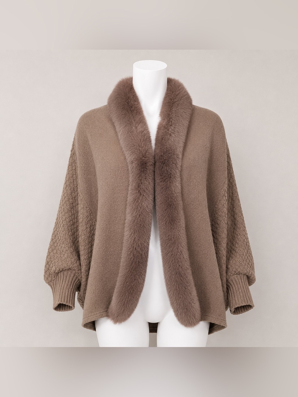 Cozy Taupe Knit Cardigan with Faux Fur Trim | One Size | Open Front